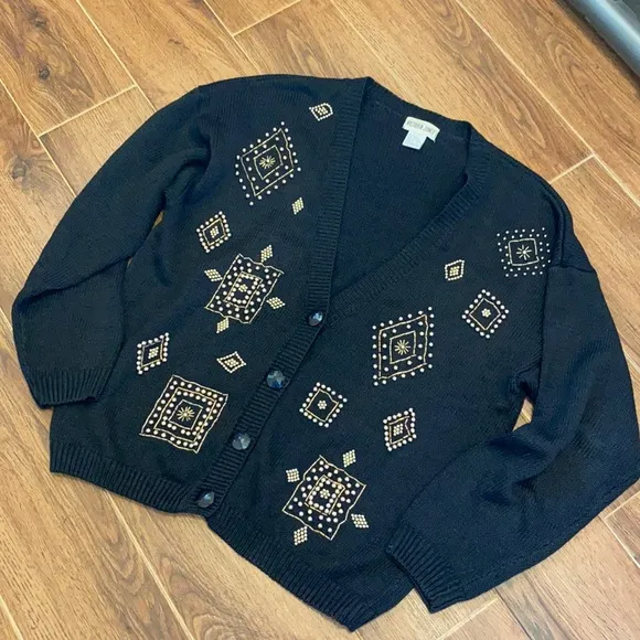 Vintage beaded black V neck cardigan sz M