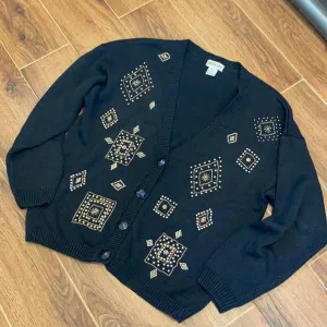 Vintage beaded black V neck cardigan sz M