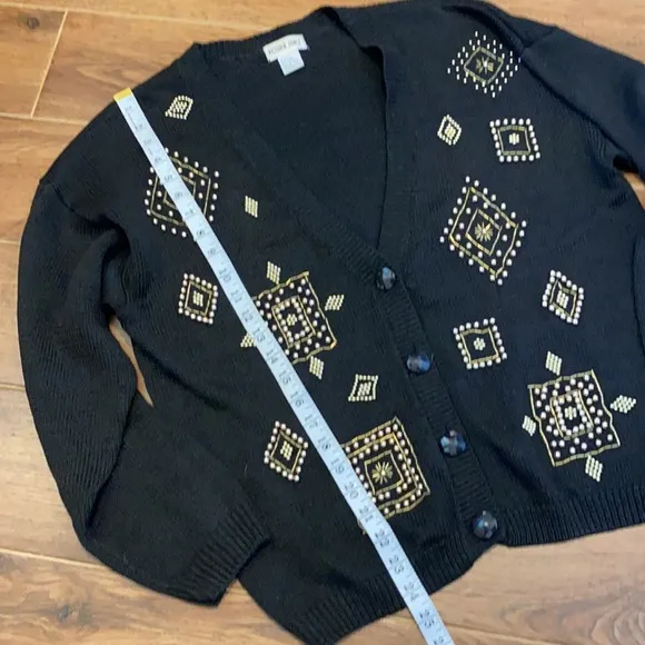 Vintage beaded black V neck cardigan sz M