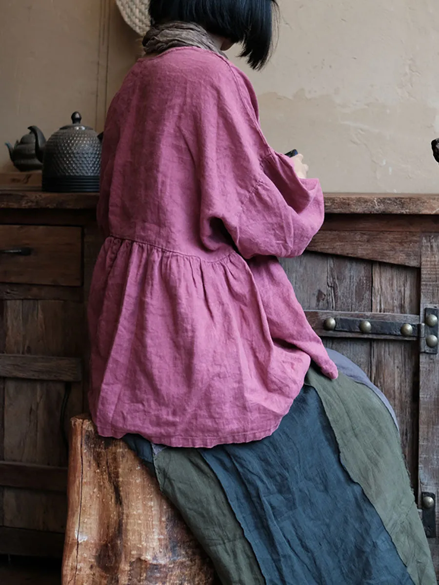Women Vintage Artsy Worn Shirred Loose Shirt