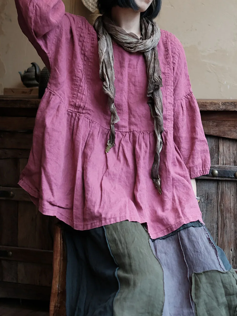 Women Vintage Artsy Worn Shirred Loose Shirt