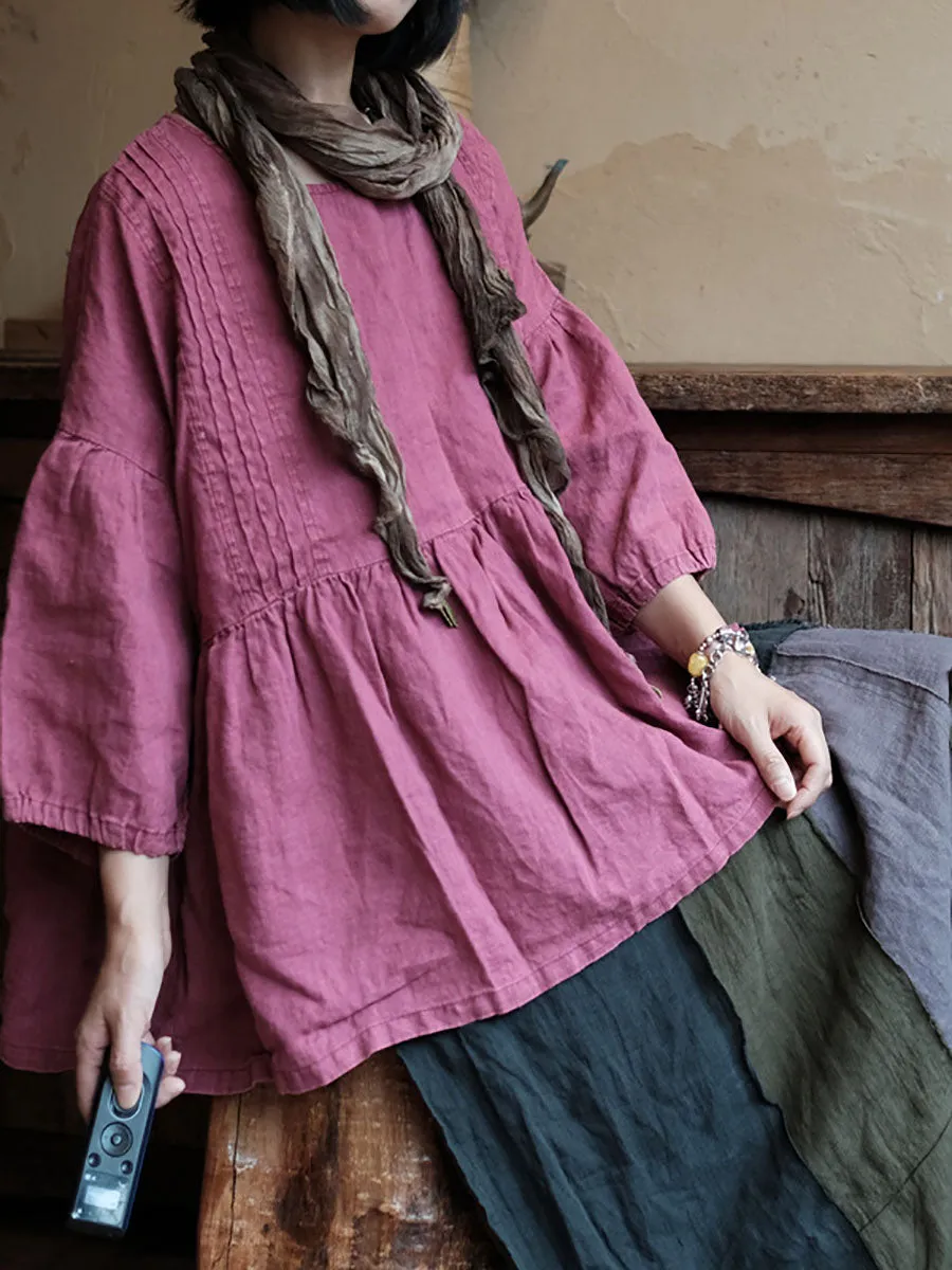 Women Vintage Artsy Worn Shirred Loose Shirt