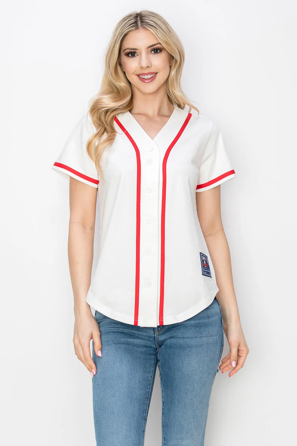 Women's Cotton White Color Baseball Jersey With Piping