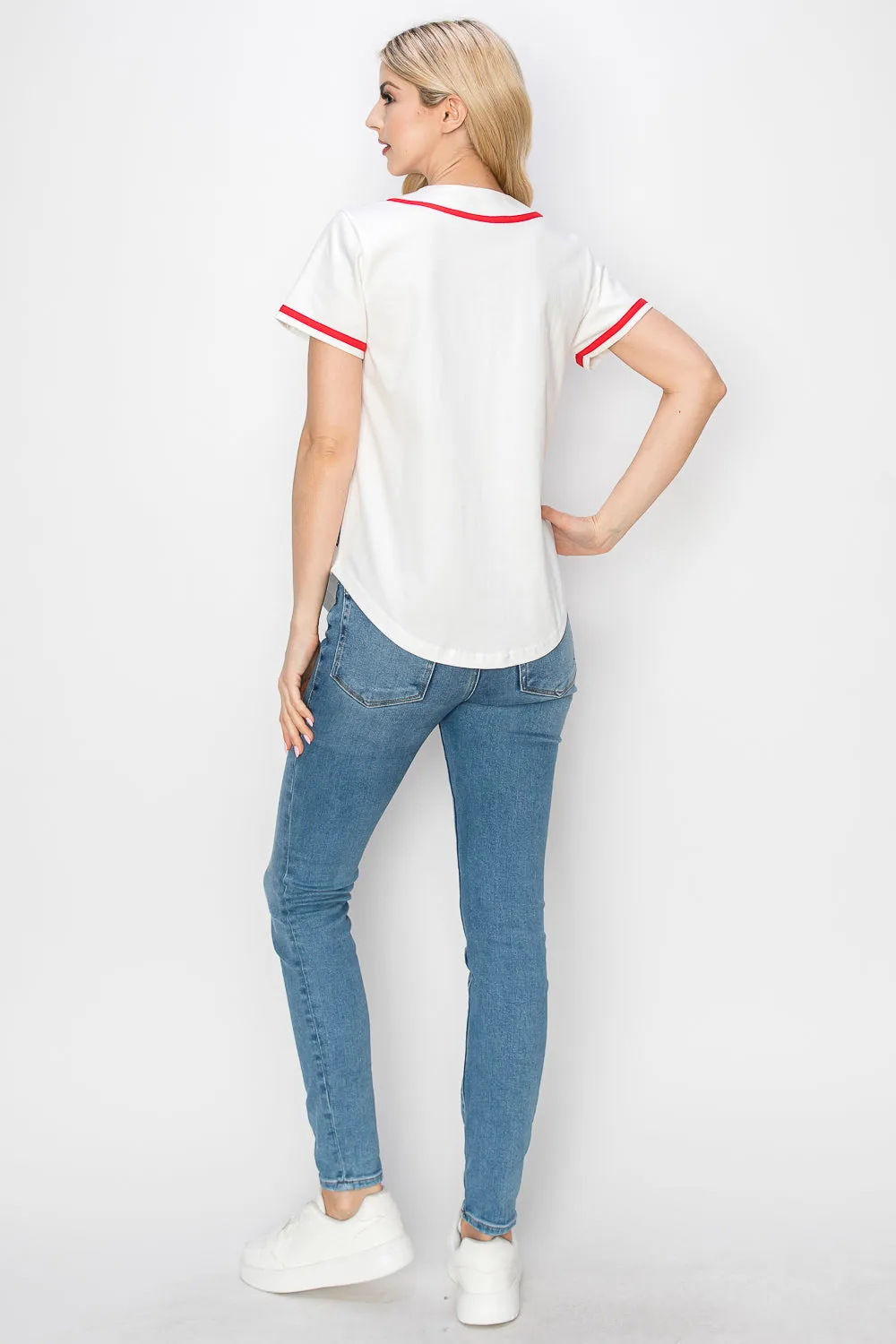 Women's Cotton White Color Baseball Jersey With Piping