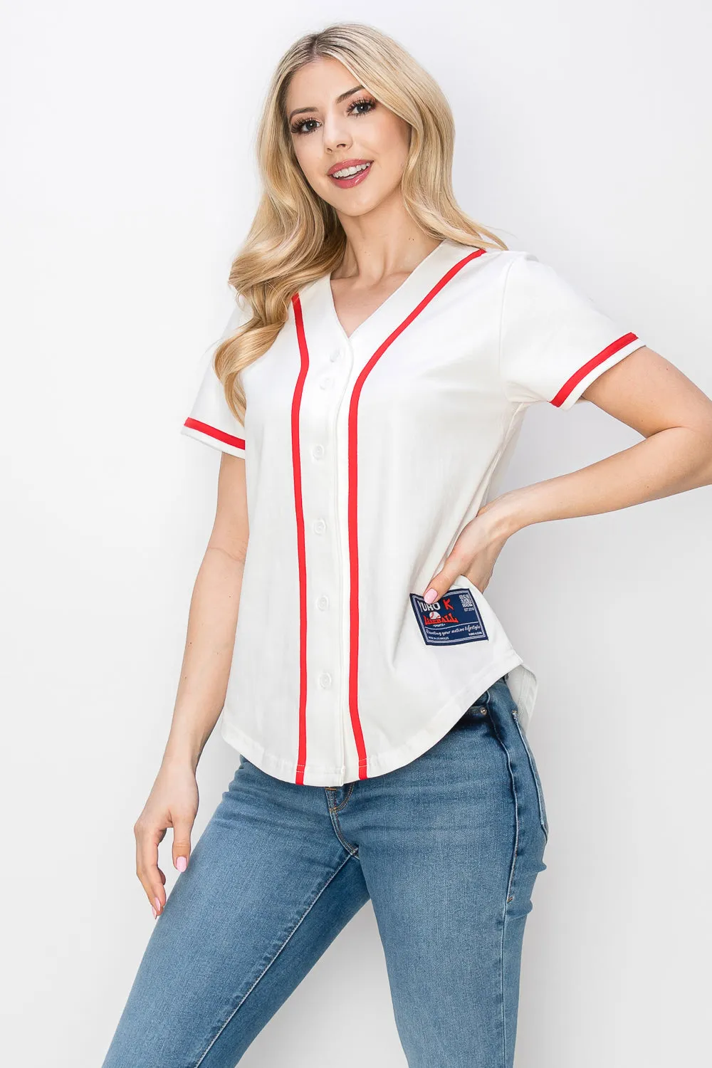 Women's Cotton White Color Baseball Jersey With Piping