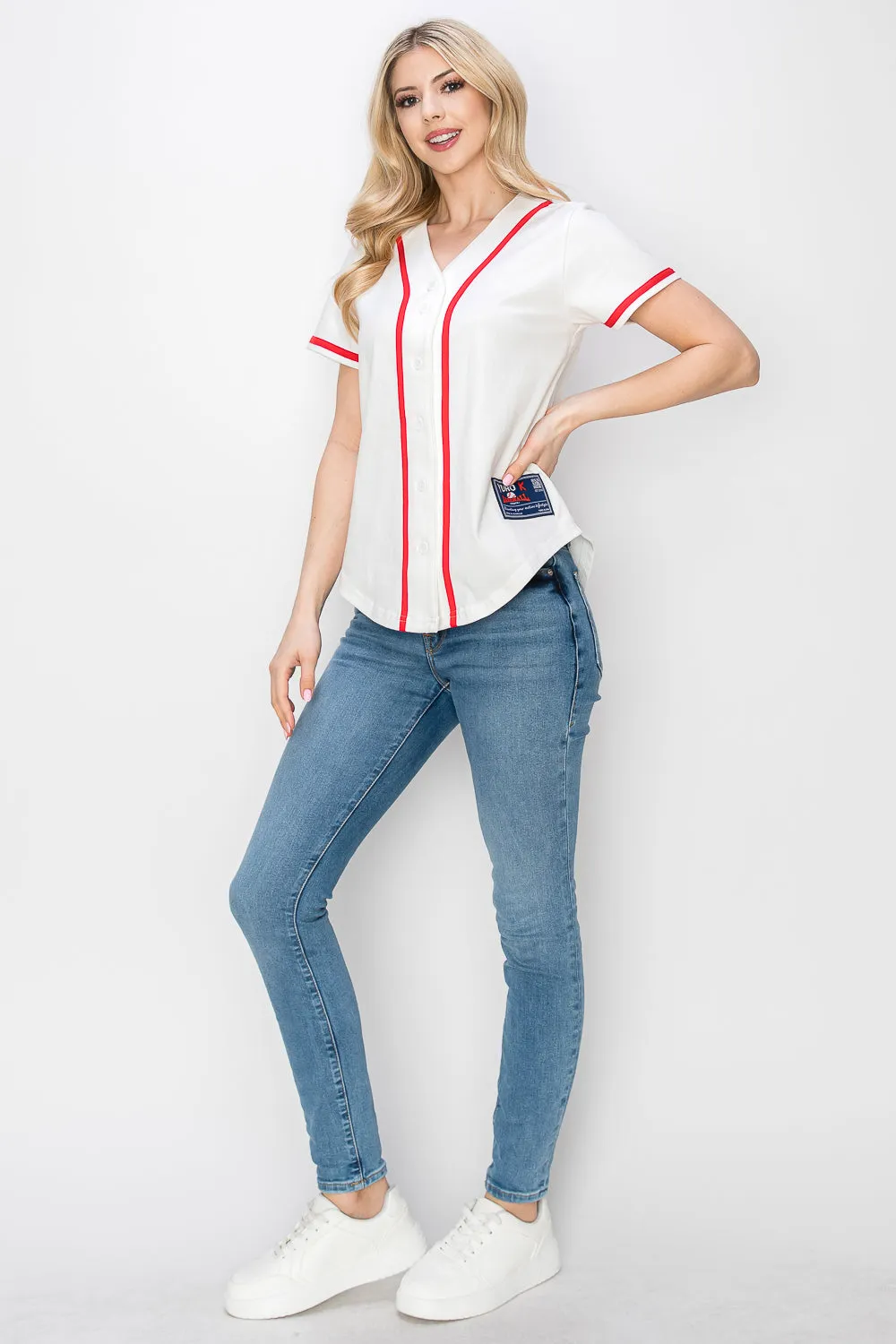 Women's Cotton White Color Baseball Jersey With Piping
