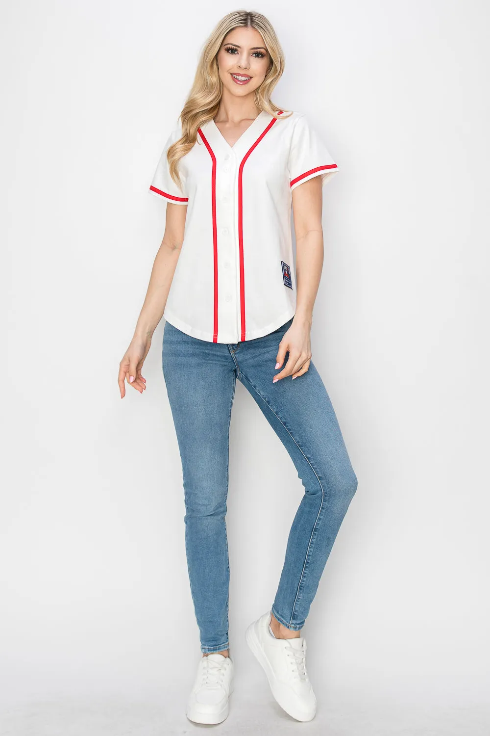 Women's Cotton White Color Baseball Jersey With Piping