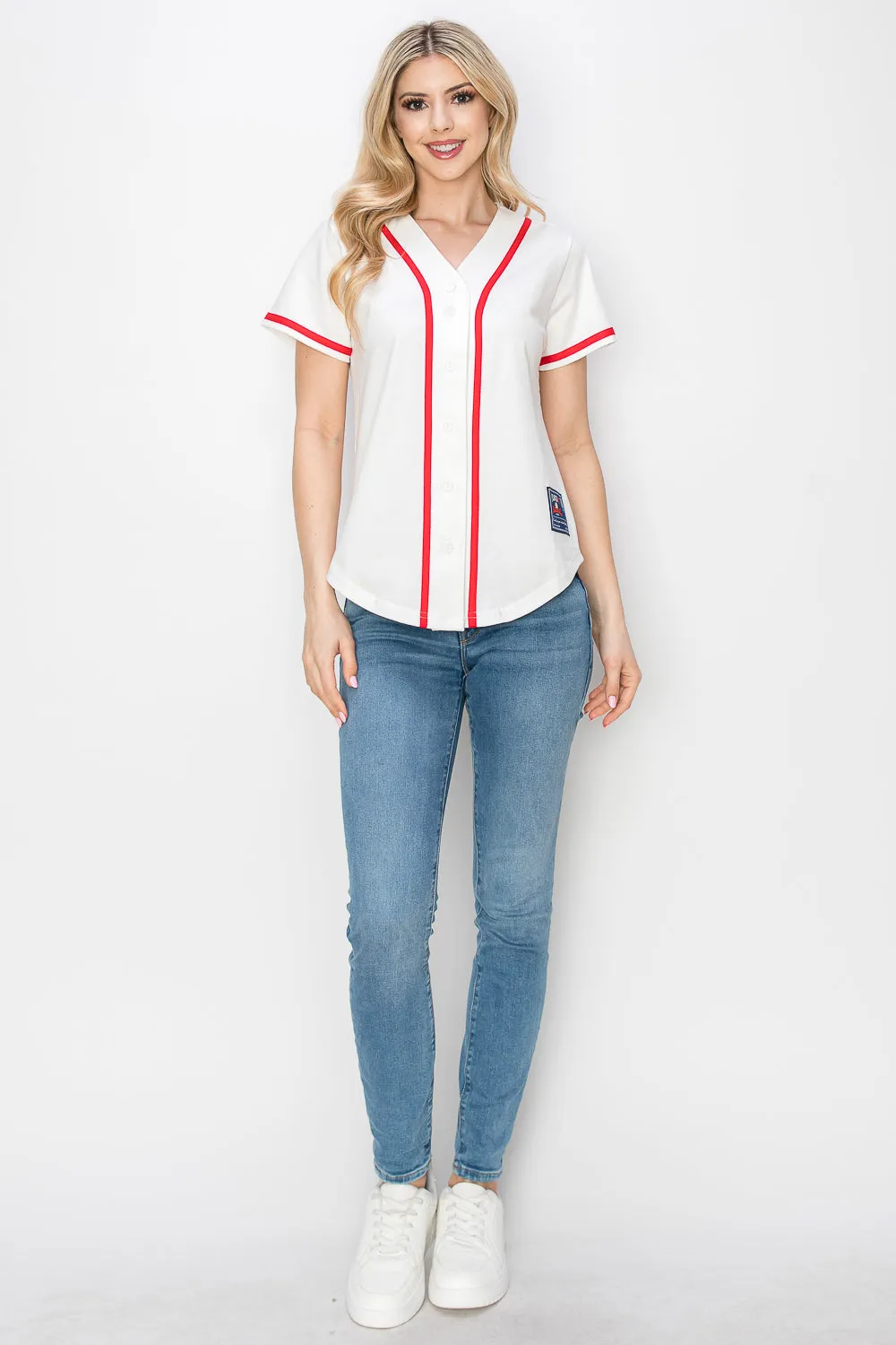 Women's Cotton White Color Baseball Jersey With Piping