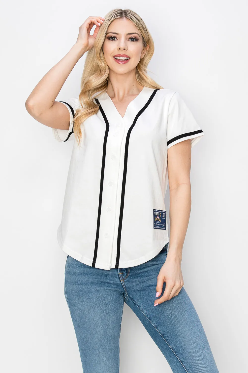 Women's Cotton White Color Baseball Jersey With Piping