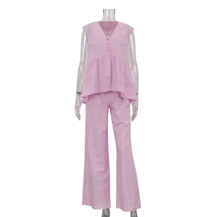 Womens V-neck Sleeveless Top and Trouser Suit - Stylish Vest Outfit