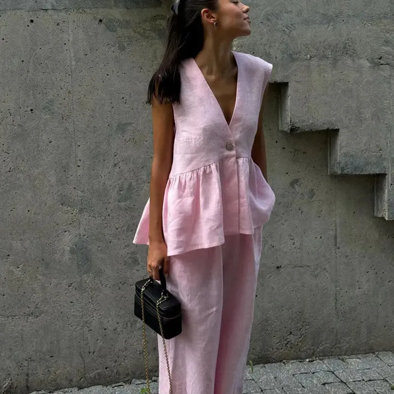Womens V-neck Sleeveless Top and Trouser Suit - Stylish Vest Outfit