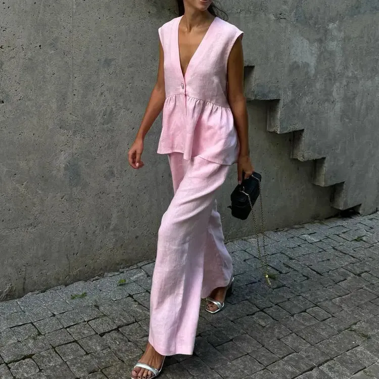 Womens V-neck Sleeveless Top and Trouser Suit - Stylish Vest Outfit