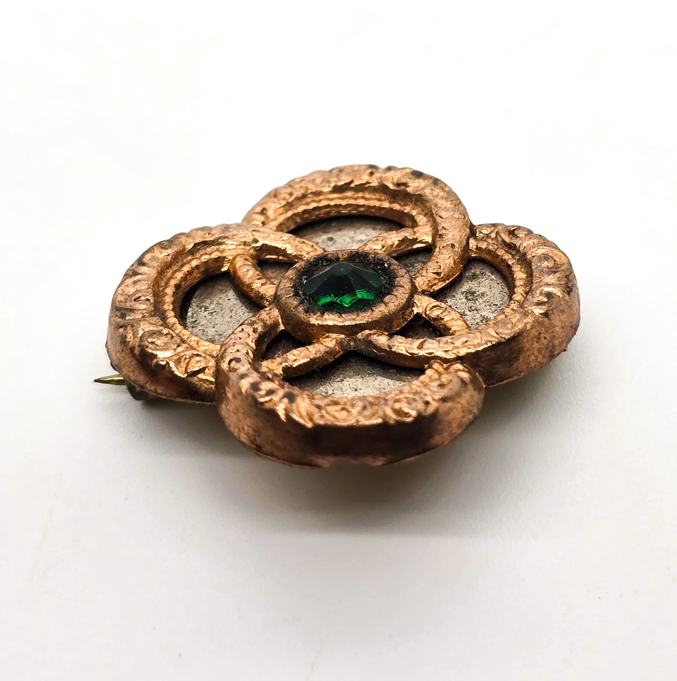 Yellow gold filled lovers knot Victorian antique green paste mirror brooch