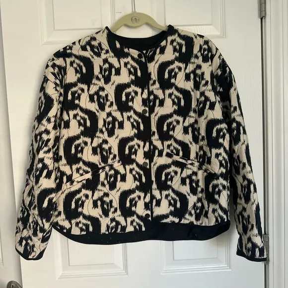 Zara Black and Cream Bomber Jacket with Graphic Design