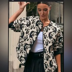 Zara Black and Cream Bomber Jacket with Graphic Design