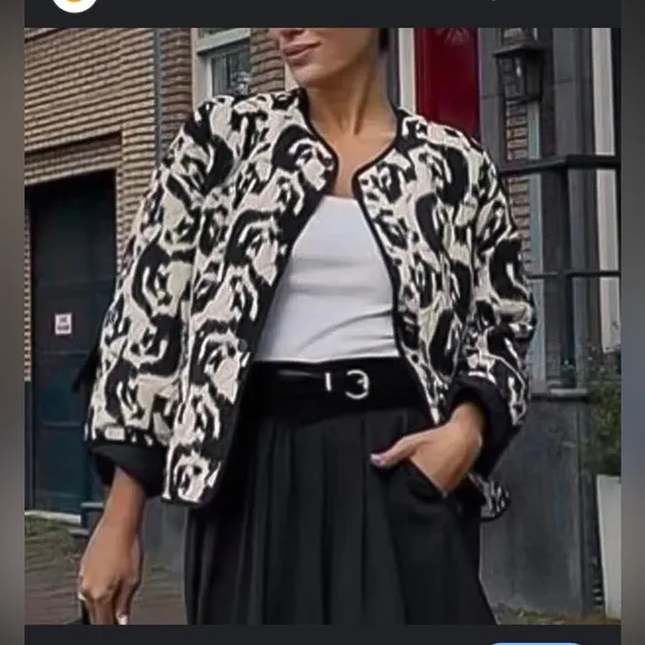 Zara Black and Cream Bomber Jacket with Graphic Design
